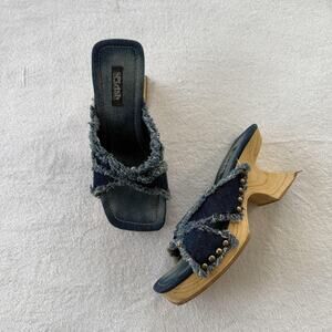 SPLASH Sandals Womens Size 7.5 Blue Denim Slide Fringe Studded Spool Heel